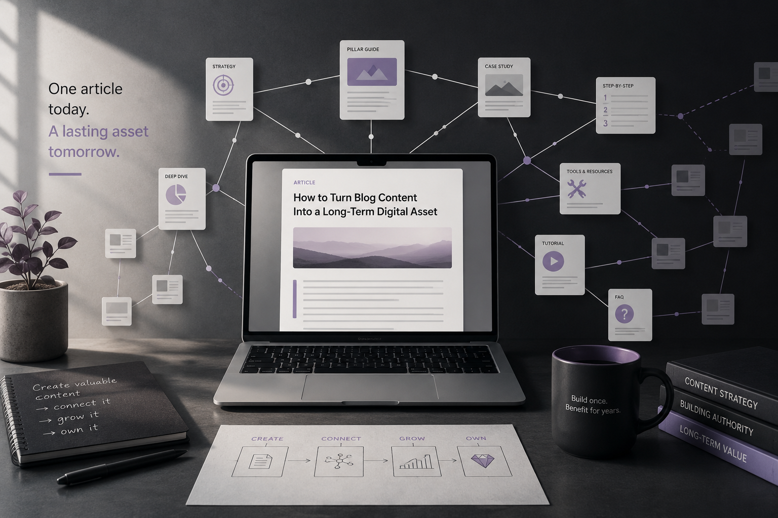Laptop showing blog content connected to a growing digital asset network