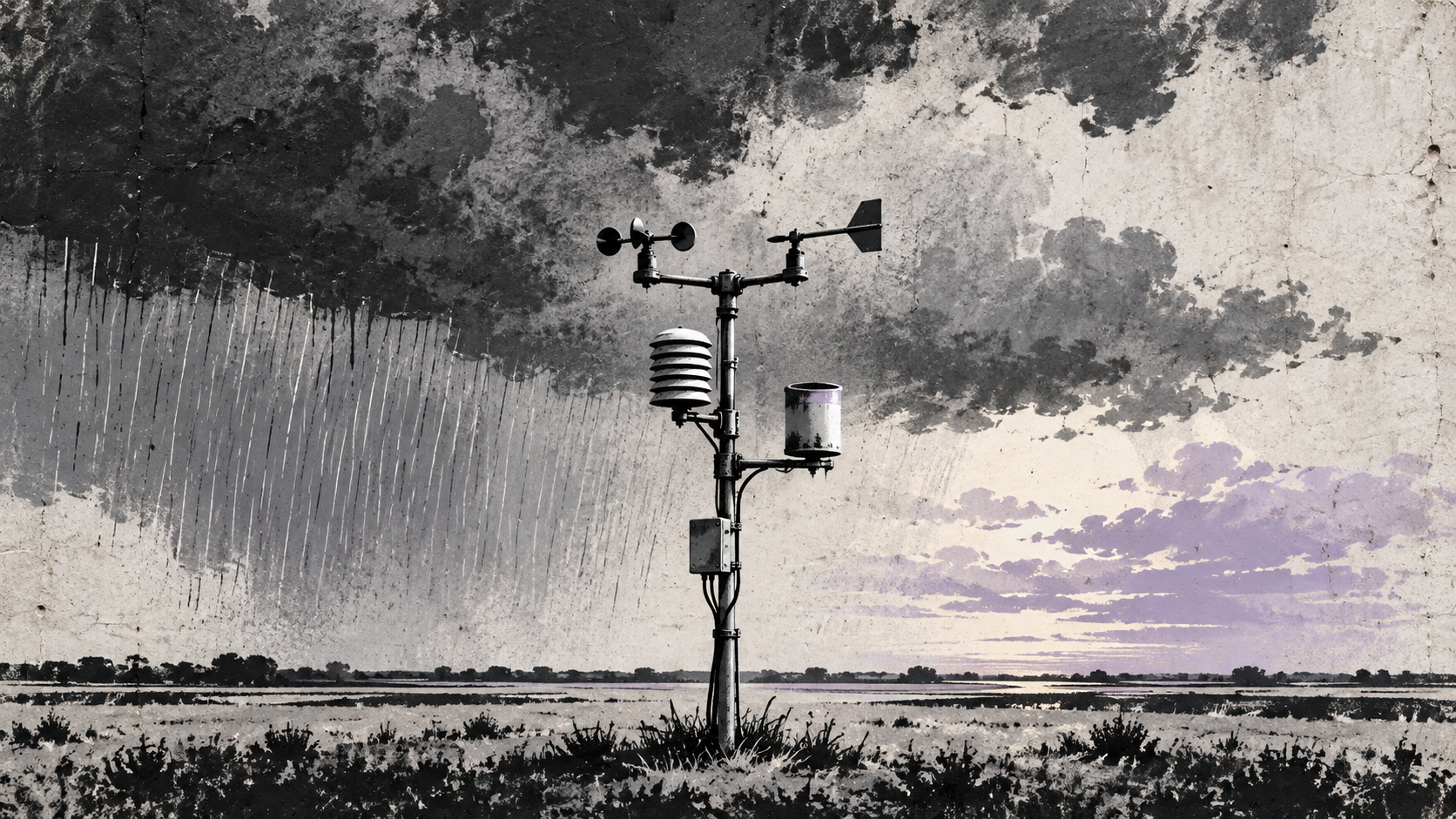 Stencil illustration of a weather station beneath storm clouds with muted purple accents.